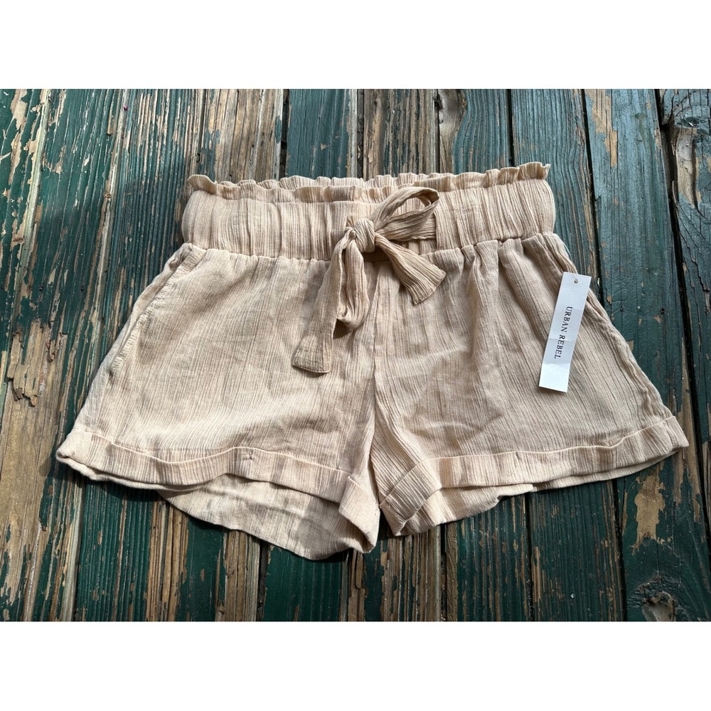 Urban Rebel Womens Small Tan Cotton Gauze Paperbag Waist Shorts Smocked Ruffle